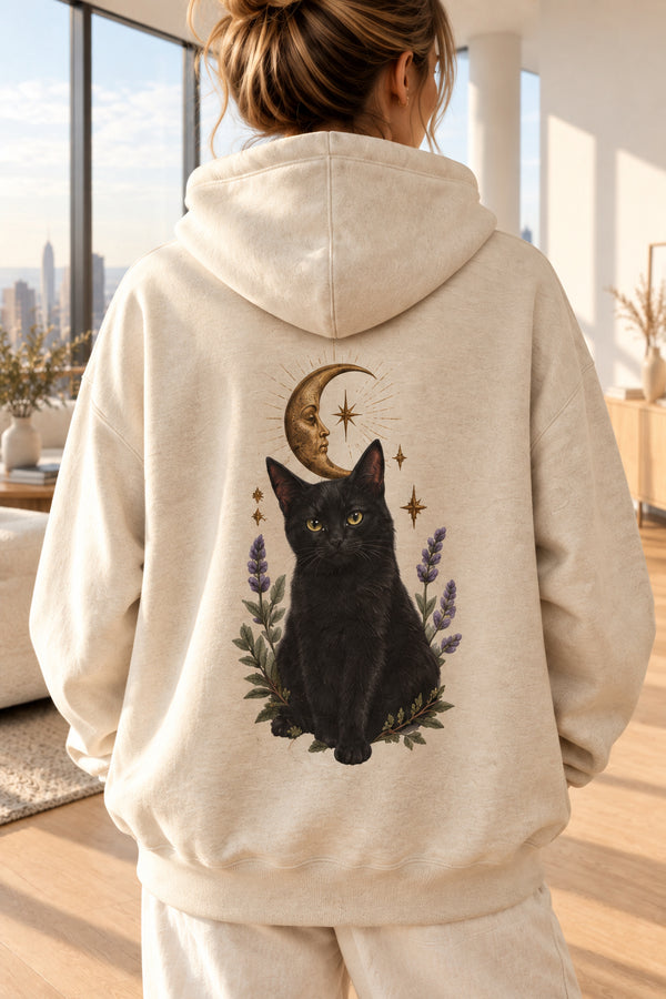 Hoodie Chat noir et Lune — Le familier sous les étoiles